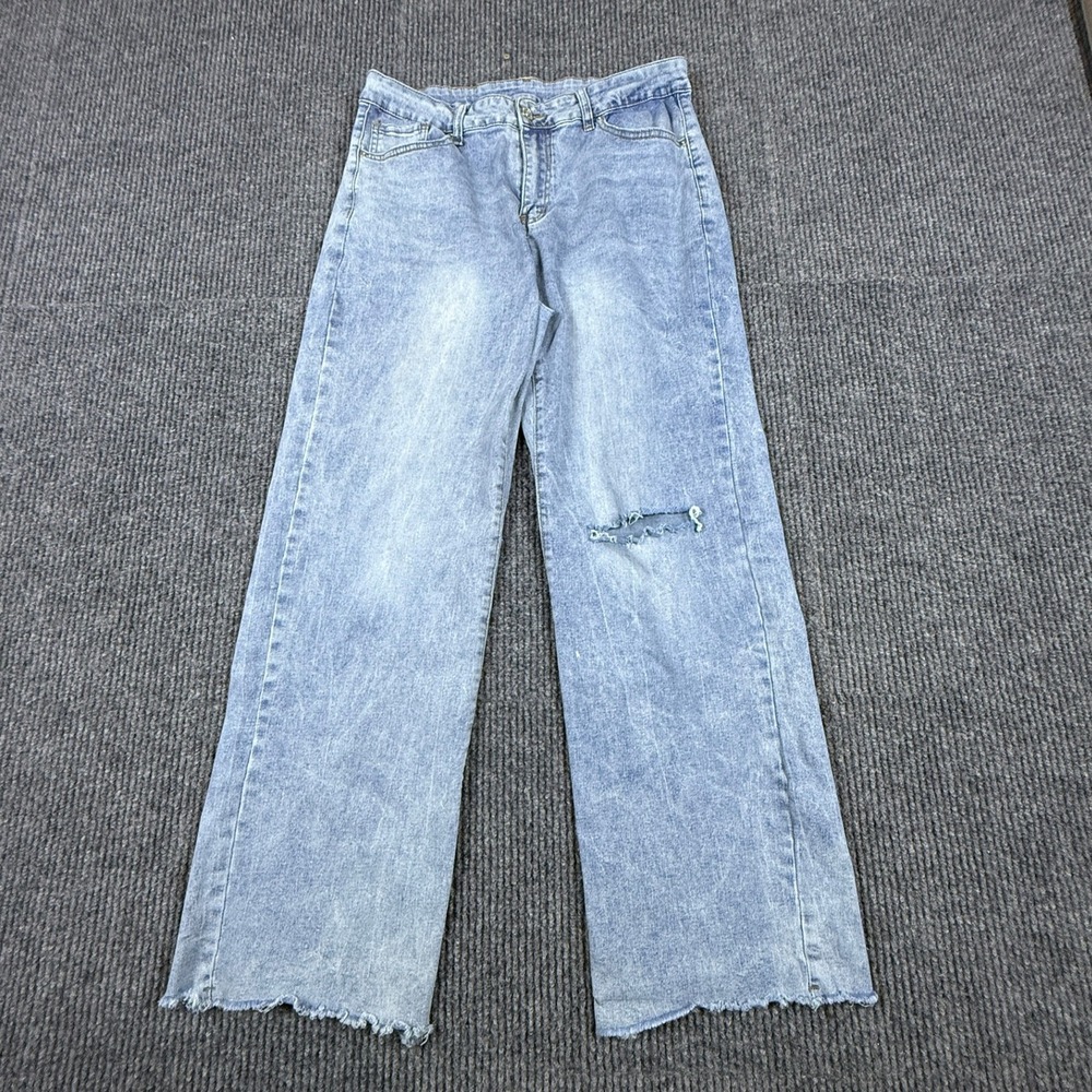 Womens Light Wash Distressed‎ Wide Leg Jeans Size XL Raw Hem LC7873654-104